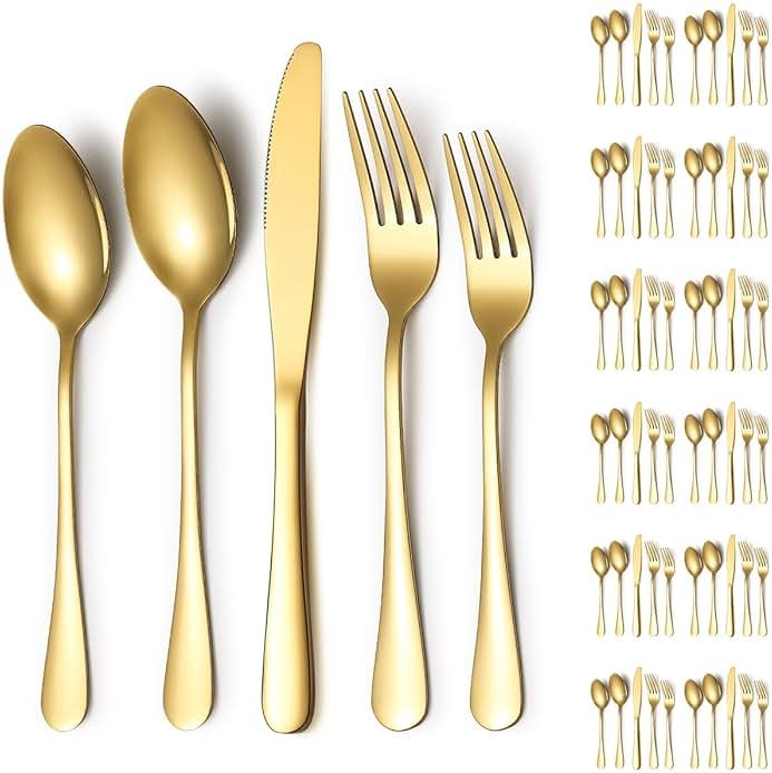 Silverware Set 60 Pieces Service for 12, ReaNea Gold Flatware Set, Titanium Plating Cutlery Set Include Dinner Knives, Dinner Spoons, Dinner Forks, Teaspoons, Salad Forks, Dishwasher Safe - Product Image