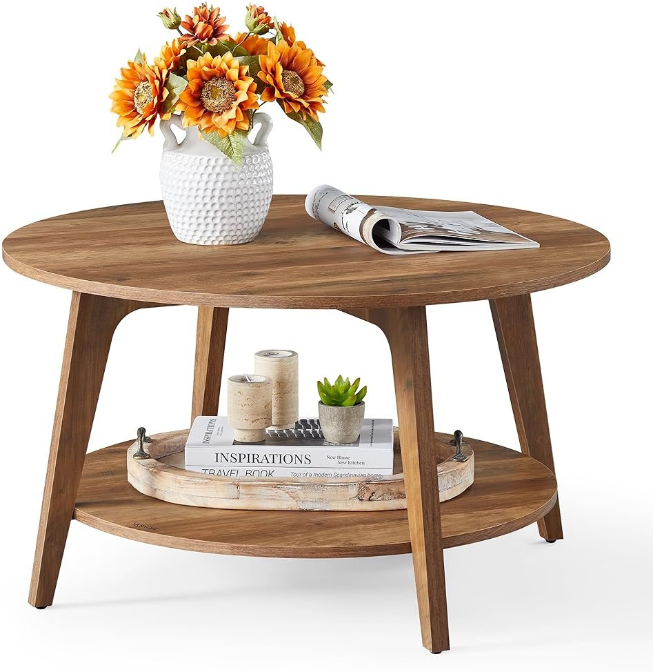 VASAGLE MAEZO Collection - Round Coffee Table, 2-Tier Center Table with Storage, Tapered Legs, Curved Transitions, 31.5 Dia. x 17.7 H Inches, Easy Assembly, for Living Room, Honey Brown ULCT243K41 - Product Image