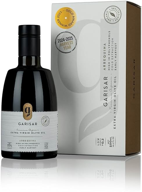 Garisar High In Polyphenol Premium Extra Virgin Olive Oil (>600 ppm), Low Acidity (Max 0.2%), NYIOOC 2025 Gold Medal Winner, Organic Agriculture Hand Picked, Cold Pressed, 100% Arbequina - Pack of 1 - Product Image
