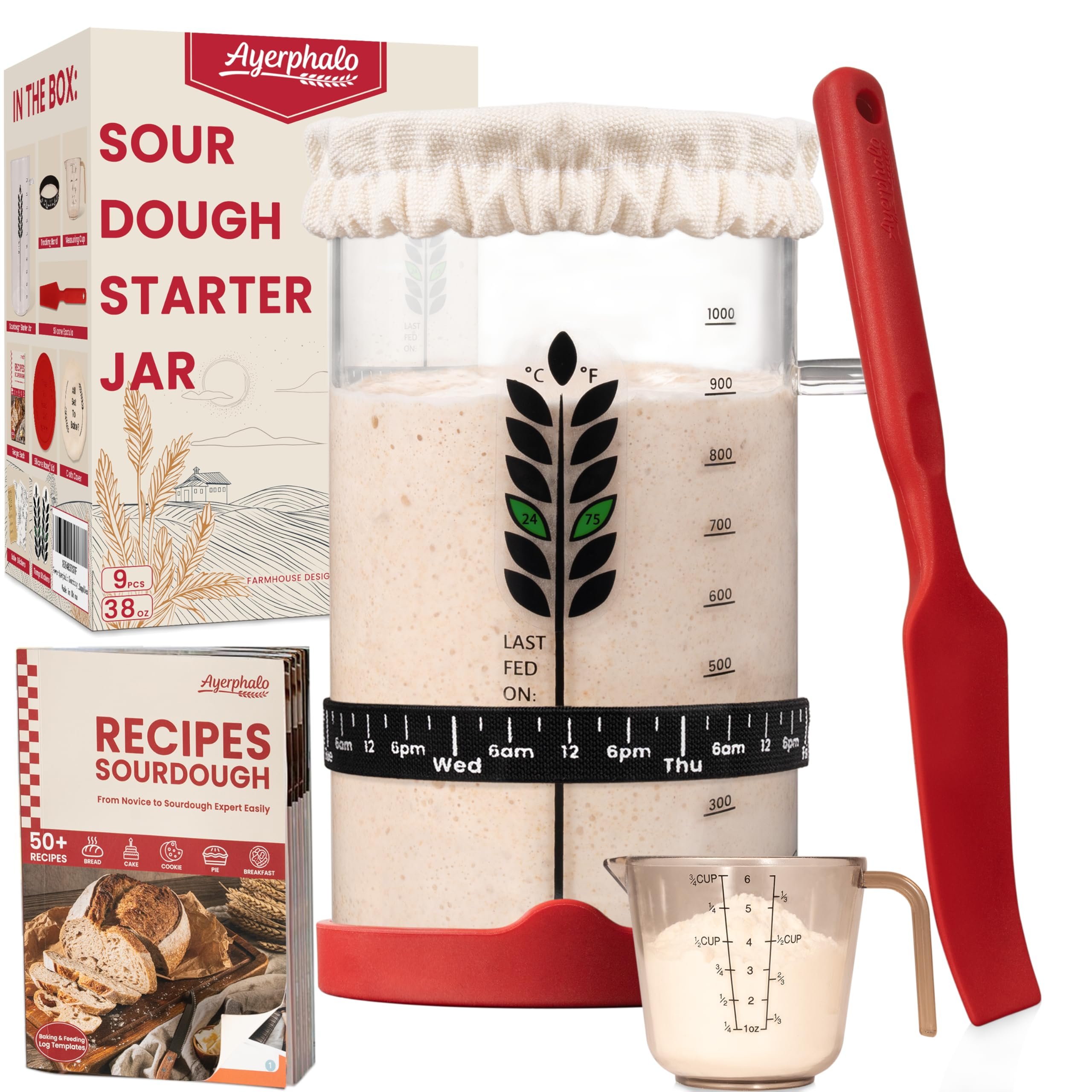 Sourdough Starter Kit - 38oz with Cookbook, Measuring Cup, Spatula, Wide Mouth Jar Cover, Thermometer, Date Marked Feeding Band, Glass Jar for Baker, Bread Baking Supplies - Product Image