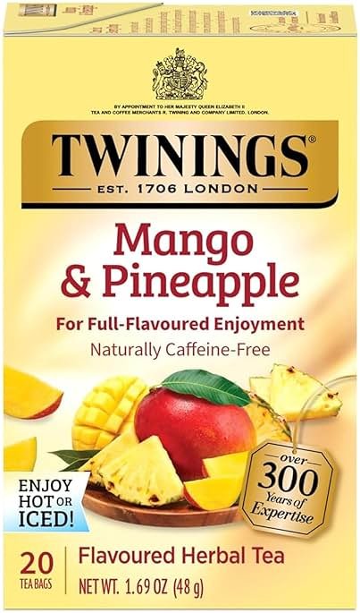 Twinings Mango & Pineapple Herbal Tea Individually Wrapped Bags, 20 Count (Pack of 1), Naturally Caffeine-Free, Enjoy Hot or Iced, 20 Teabags - Product Image
