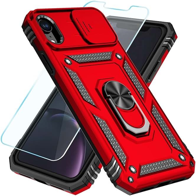SunStory Compatible with iPhone XR Case with HD Screen Protector & Slide Camera Cover & Rotated Ring Kickstand, [Military-Grade] Phone Case for iPhone XR,Red - Product Image