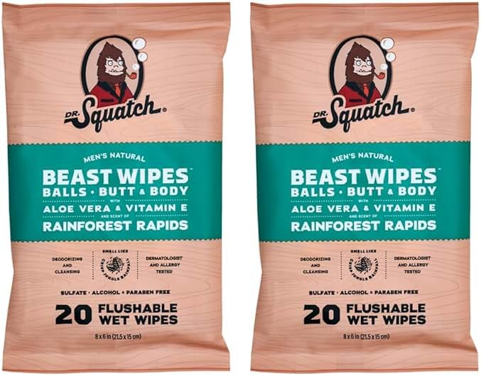 Dr. Squatch Beast Wipes - Flushable Adult Wipes for Men - Soothing and Refreshing - 2 Pack Rainforest Rapids - Product Image