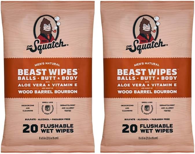 Dr. Squatch Beast Wipes - Flushable Adult Wipes for Men - Soothing and Refreshing - 2 Pack Wood Barrel Bourbon - Product Image