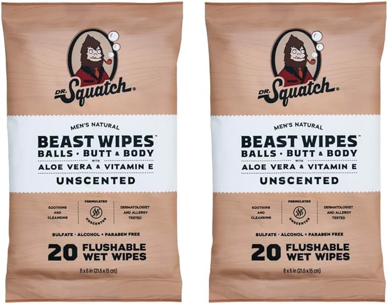 Dr. Squatch Beast Wipes - Flushable Adult Wipes for Men - Soothing and Refreshing - 2 Pack Unscented - Product Image