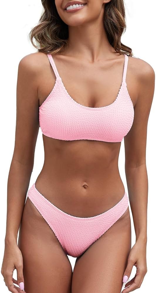 Fanuerg Women's Ribbed Bikini Sets Scoop Neck Cheeky Swimsuit Textured Two Piece Bathing Suit - Product Image