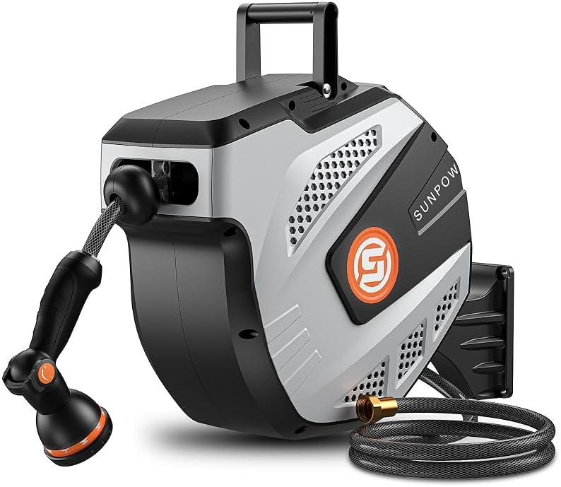 SUNPOW Retractable Garden Hose Reel - 1/2 inch x 50ft Heavy Duty Wall Mounted Hose Reel with 3/4 inch Brass Fitting & 10 Sprayer Nozzle - Any Length Lock, Auto Rewind System, 180°Swivel Bracket- Grey - Product Image