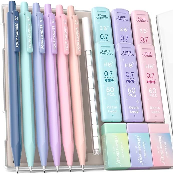 Four Candies 6PCS Cute Mechanical Pencil Set with 372 Leads & Erasers, 0.7mm Medium Point, Pencils Mechanical with 360PCS (HB & 2B) Lead Refills & 12PCS Erasers & Storage Case for Writing & Drawing - Product Image