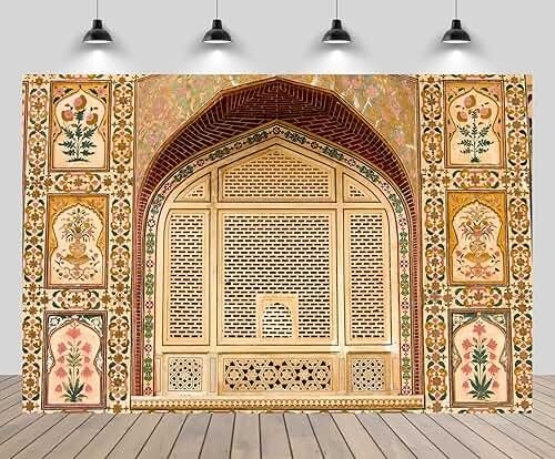chnywork 7x5ft Indian Jaipur Palace Backdrop Beautiful Pattern on The Palace Wall India Photography Background Indian Famous Architecture Religious Background Photo Studio Props - Product Image