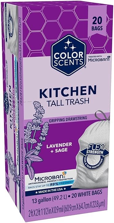 Color Scents Tall Kitchen Trash Bags - 13 Gallon, 20 Bags (1 Pack of 20 Bags), Drawstring - White bag in Lavender + Sage Scent with Microban - Product Image