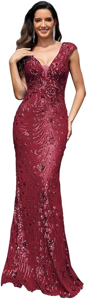 Womens Sequined Long Evening Gown Glamous Sleeveless V-Neck Mermaid Prom Dress for Wedding Party Club Occasions - Product Image
