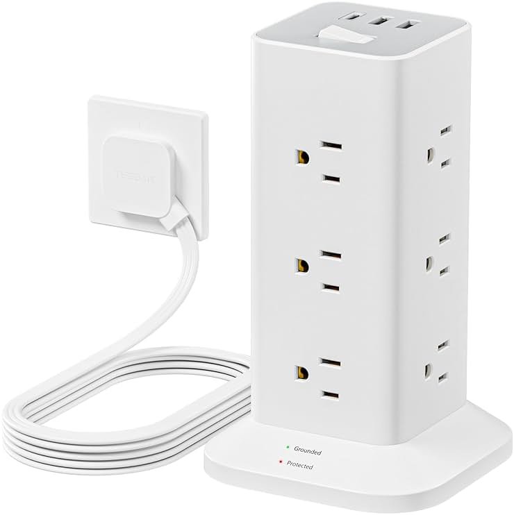 Power Strip Tower with Surge Protector, TESSAN Flat Plug Extension Cord 10 Ft with 12 AC Outlets with 3 USB Ports (1 USB C), Multiple Outlets for Home, Office Supplies, Dorm Room Essentials - Product Image