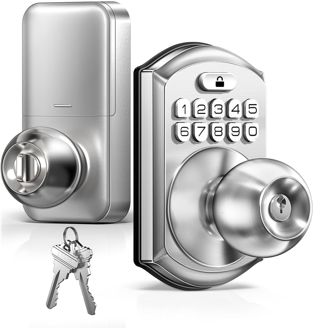 TEEHO TE003 Keyless Entry Keypad Door Lock with Handle, Electronic Digital Smart Locks for Front Door, Smart Door Knob with Code for Bedroom, Auto Lock, Passage Mode, Easy to Install, Satin Nickel - Product Image