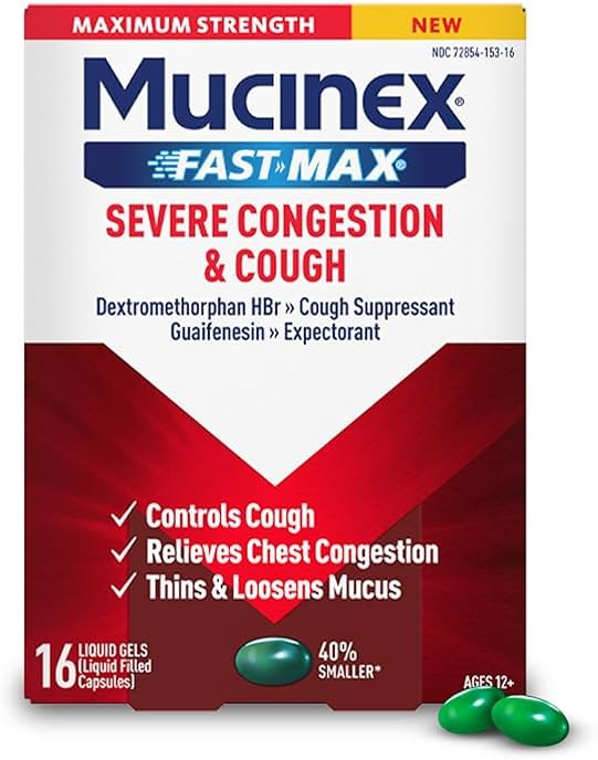 Mucinex Fast-Max Severe Congestion & Cough, Maximum Strength Dextromethorphan HBr Cough Medicine for Adults, Guaifenesin Expectorant for Excess Mucus Relief, 16 Liquid Gels - Product Image