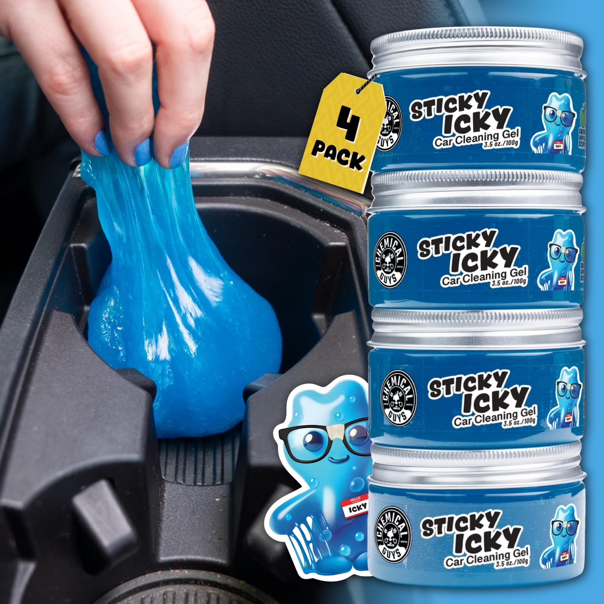 Chemical Guys Sticky Icky Car Cleaning Gel, Green Apple, Interior Car Cleaner, Reusable Automotive Crevice & Interior Dust Cleaner for Air Vents, Consoles, Cup Holders & Keyboards, 4 Pack (100g Each) - Product Image