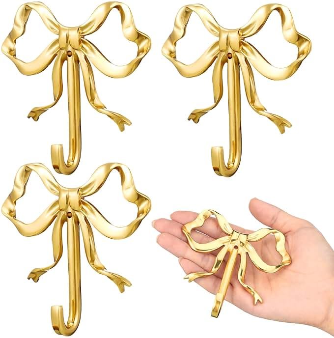 Lineshading 4 Pcs Gold Bow Wall Hooks Brass Coquette Bow Hooks for Coats Hats Bags Bath Towels Robes Vintage Room Decor Office Kitchen Hallway Bathroom Nursery Decorations (L) - Product Image