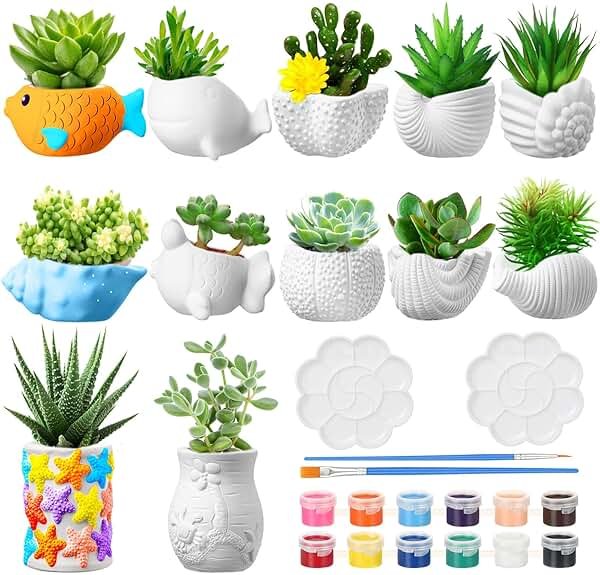 Hushee 12 Sets Ceramic Succulent Planters Paintable Succulent Plant Pots Small DIY Figurines Unpainted Pots with Drainage Hole Color Paints Paintbrushes Palettes - Product Image