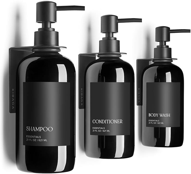 Stylish Shampoo and Conditioner Dispenser Set of 3 for Wall Mount - Modern Drill Free 21oz Shower Soap Bottles with Labels - Easy Refill Body Wash Dispensers for an Instant Bathroom Decor Upgrade - Product Image