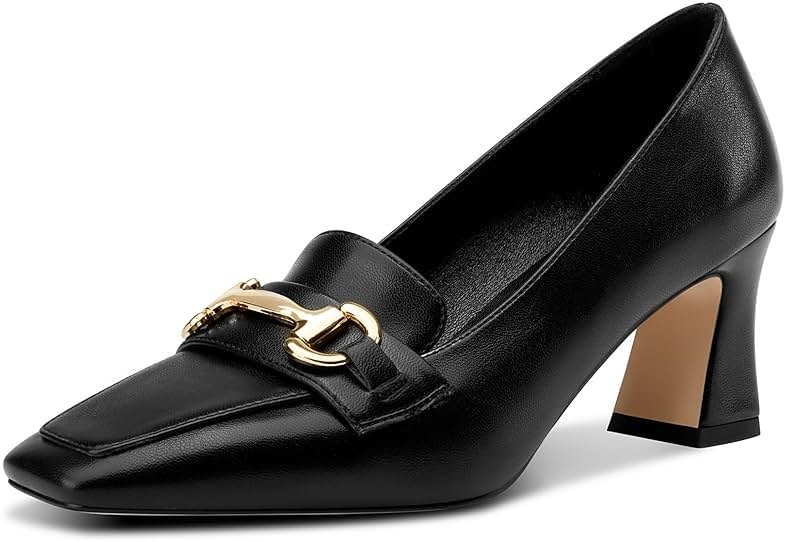 DearOnly Heeled Loafers for Women Square Toe Chunky Block Mid Heel Pumps Slip-on Metal Chain Work Office Dress Shoes 2.8 Inches Heels - Product Image