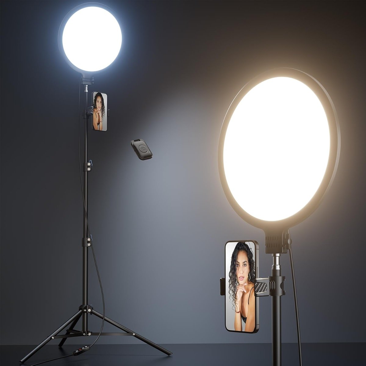 Weilisi 10.5" Ring Light with 69" Tripod Stand and Phone Holder Kit, Full-Screen Zoom Lighting for Video Recording, Makeup, Live Stream, Dimmable LED Selfie Ring Light Tripod for iPhone with Remote - Product Image