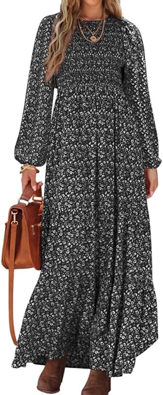 PRETTYGARDEN Women's Spring Dresses 2026 Long Sleeve Flowy Casual Floral Maxi Dress Crew Neck Smocked Tiered Long Dress - Product Image