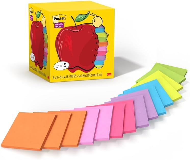 Post-it Super Sticky Notes, Assorted Bright Colors, 3x3 in, 15 Pads/Pack, 45 Sheets/Pad, 2X The Sticking Power, Recyclable, Apple Pack - Product Image