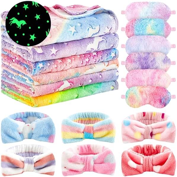 Fanfanwin 18 Pcs Sleepover Party Supplies for Girls, 6 Glow in The Dark Unicorn Blanket 6 Coral Fleece Headband 6 Plush Eye Mask Covers for Sleeping Slumber Sleepover Spa Party Gift(Cute) - Product Image