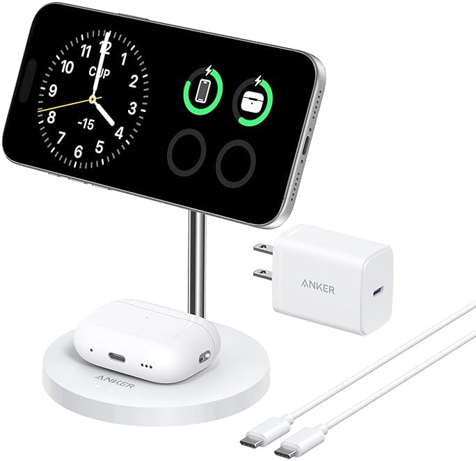 Anker MagSafe Compatible MagGo Charger Stand, iPhone 17 Wireless Charger, 2-in-1 Charging Station, Qi2 Certified 15W Fast Charging, for iPhone 17/16/15/14/13/12, AirPods Pro (40W Adapter Included) - Product Image