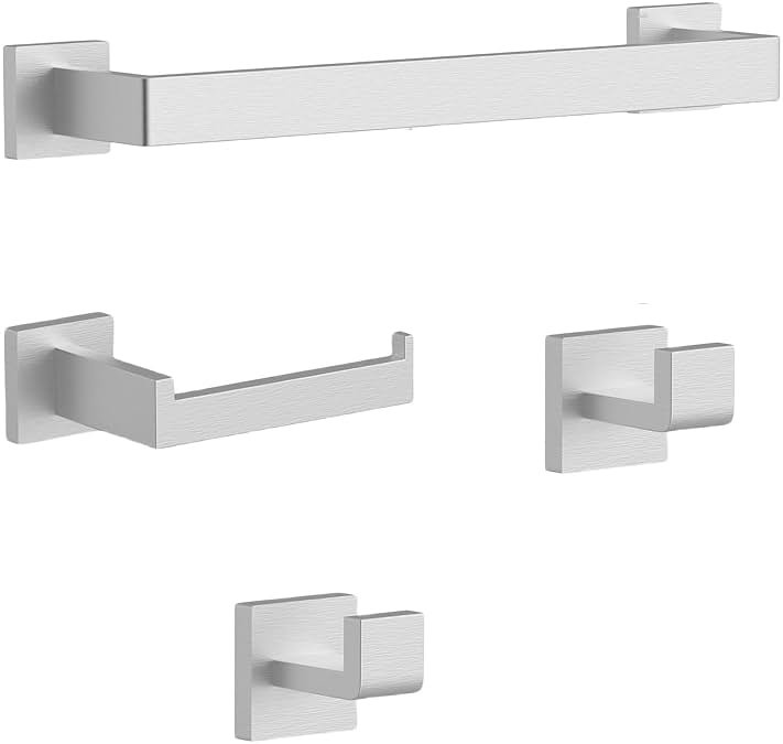 4 Piece Brushed Nickel Bathroom Hardware Set - Bath Towel Bar Set Including - Wall Mounted 16" Towel Rack - Toilet Paper Holder - Robe Towel Hook - Product Image