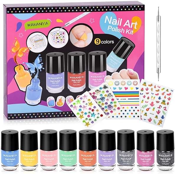 Quick Dry Kids Nail Polish Set for Girls, Non-Toxic Toddler Water-Based Nail Polish Kit with Gems Stickers 9 Colors Peelable Fingernail Set for Ages 3+ - Product Image