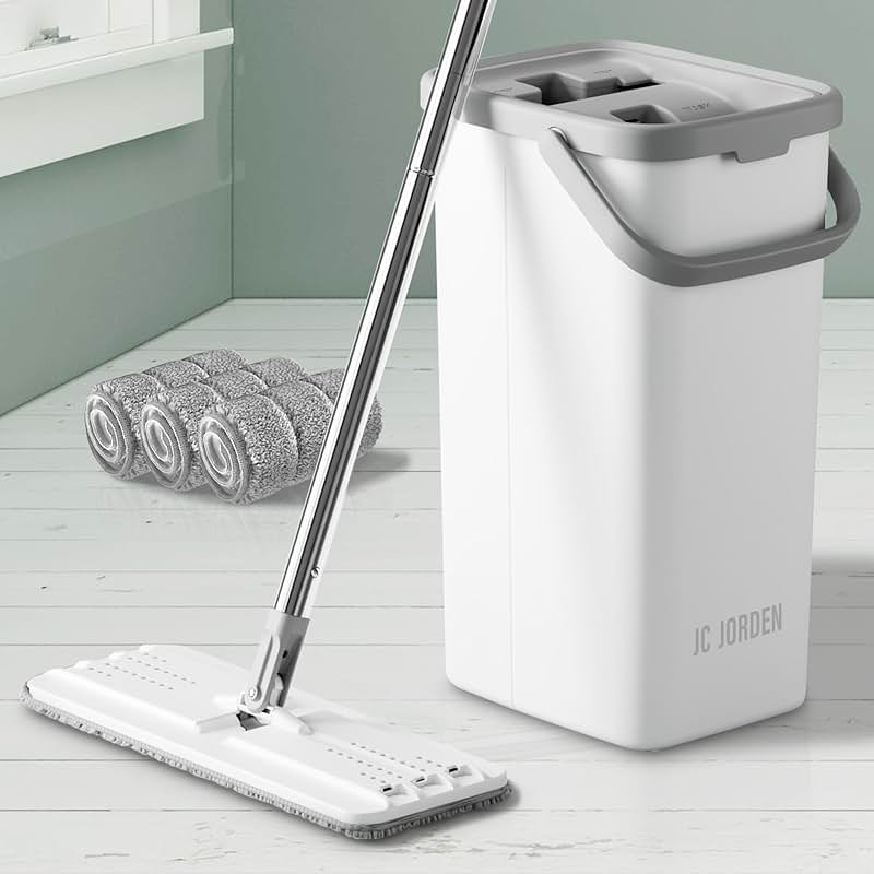 JC Jorden Mop and Bucket with Wringer Set, Hands Free Flat Floor Mop and Bucket, 3 Washable Microfiber Pads Included, Wet and Dry Use, Home Floor Cleaning System for All Floor Types and Windows - Product Image