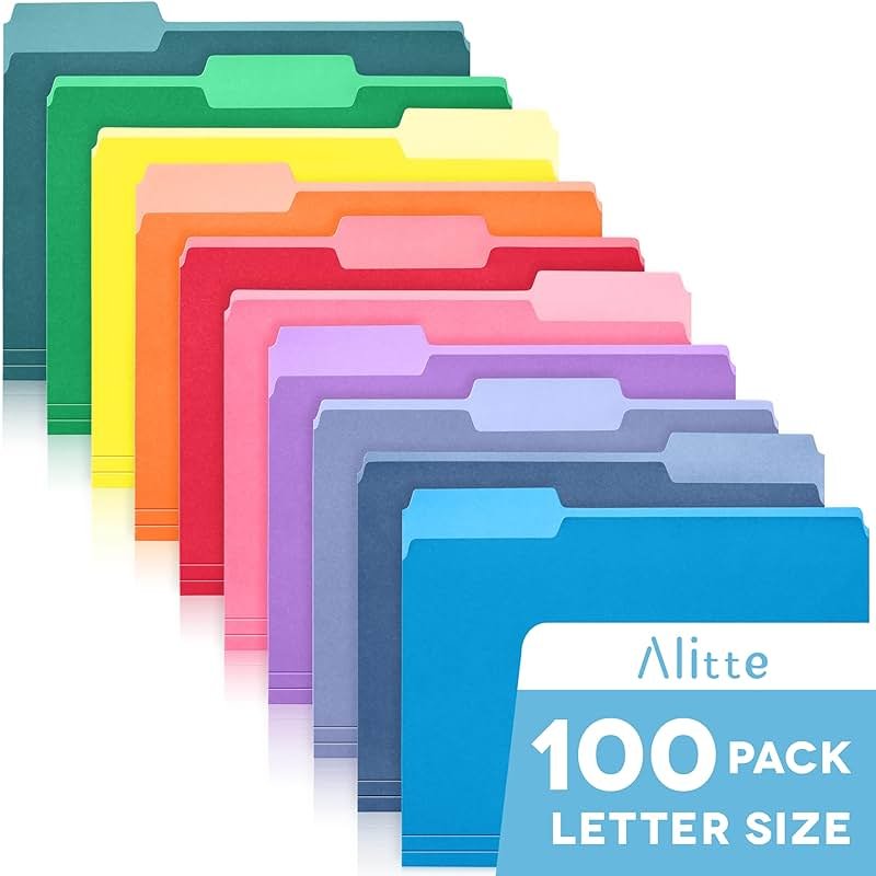 Alitte Colored File Folders Letter Size - 100-Pack Bulk, 10 Assorted Color File Folders for Documents, 1/3 Cut Tab - Office Supplies for Filing Cabinet, Desk, and File Folder Organization - Product Image