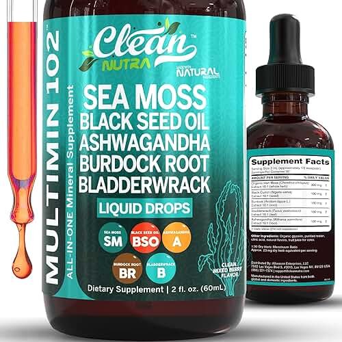 Clean Nutra Organic Sea Moss Drops Supplement | Black Seed Oil Irish Seamoss Ashwagandha Burdock Root & Bladderwrack - Multimineral Liquid Vegan for Gut Heath Energy Skin Immune Support & Hair - Product Image