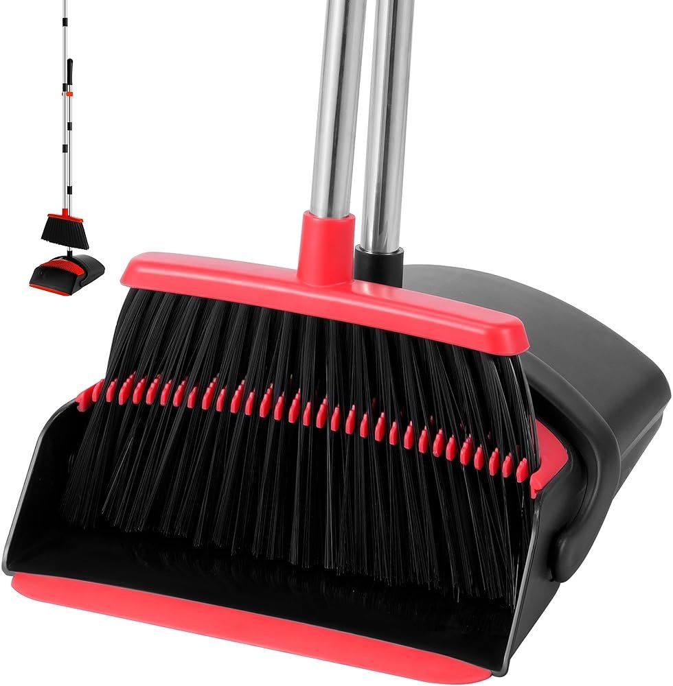 BSKLIN Broom and Dustpan Set for Home, 52" Long Handle Standing Broom Set with Dustpan Self-Cleaning Teeth for Hair Removal Heavy Duty Indoor Outdoor Sweeping Kit for Kitchen Garage (Black) - Product Image