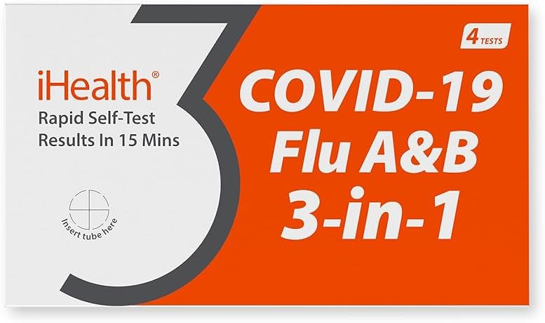 iHealth COVID-19, Flu A&B 3-in-1 Antigen Rapid Test, Results in 15 Minutes, FDA Authorized OTC Flu & COVID Home Test, with Non-invasive Nasal Swab, Easy to Use & No Discomfort (1 Pack, 4 Tests Total) - Product Image
