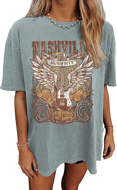 Oversized Rock Band T-Shirt Women Country Music Shirt Tops Nashville Music City Tshirt Vintage Guitar Wings Graphic Tees - Product Image
