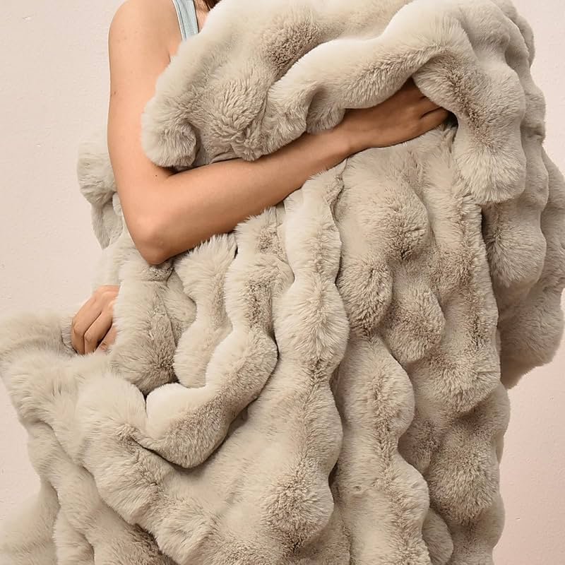 PHF Luxury Faux Rabbit Fur Throw Blanket, Ultra Soft Fluffy Plush Cozy Warm Bubble Blanket for Bed, Couch, Chair, Sofa Decorative, Thick Reversible Throw Suitable for Fall & Winter, 50" x 60", Oak - Product Image
