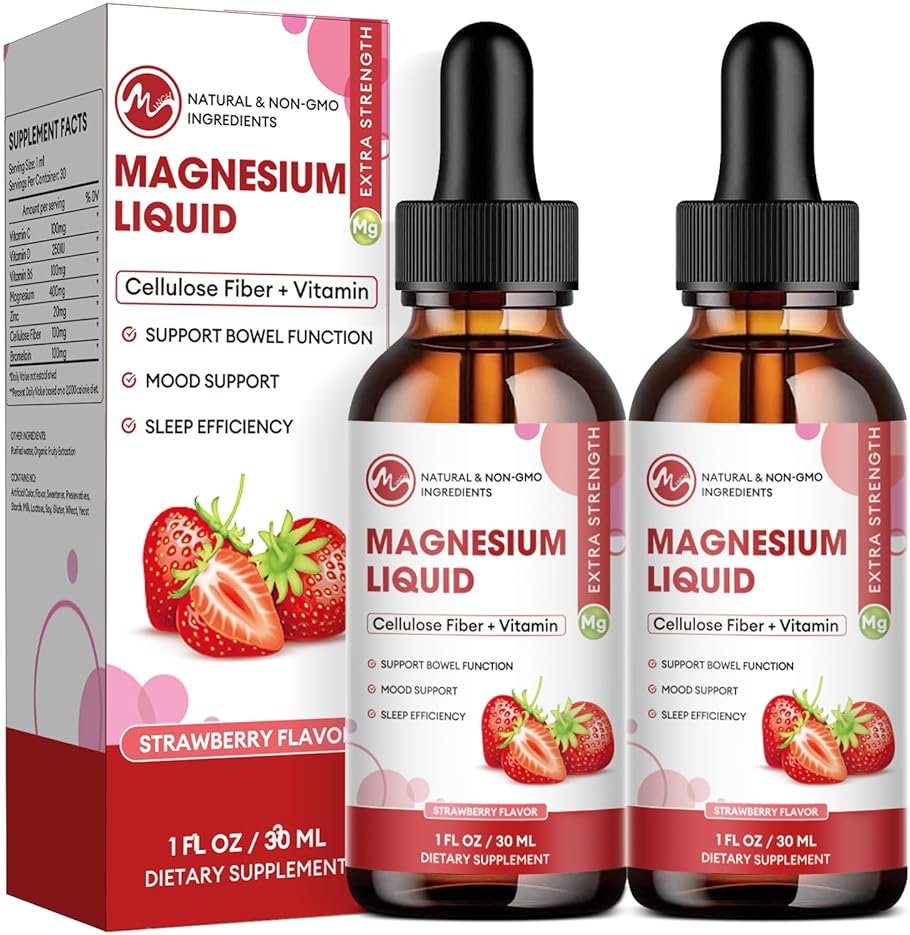 M inch Magnesium Glycinate Liquid, High Absorption Magnesium Liquid Drops with Chamomile, Hawthorn, Ginger Extract & Vitamin B6, B9, B12, C, D3, Magnesium Supplement, Strawberry Flavor, 2 Pack - Product Image