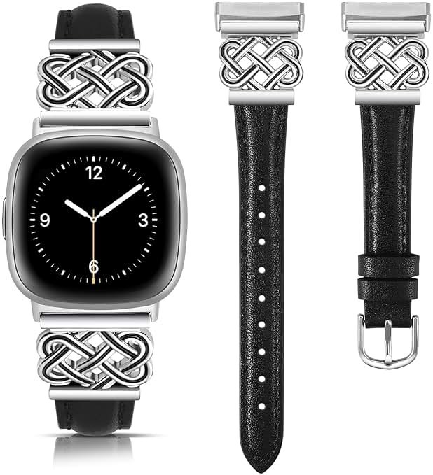 TOYOUTHS Celtic Knot Leather Band Compatible with Fitbit Versa 4/Versa 3/Fitbit Sense 2/Sense Band Women, Slim Dressy Thin Fashion Designer Premium Leather Strap for Versa 3 4 Sense 2 Smartwatch - Product Image