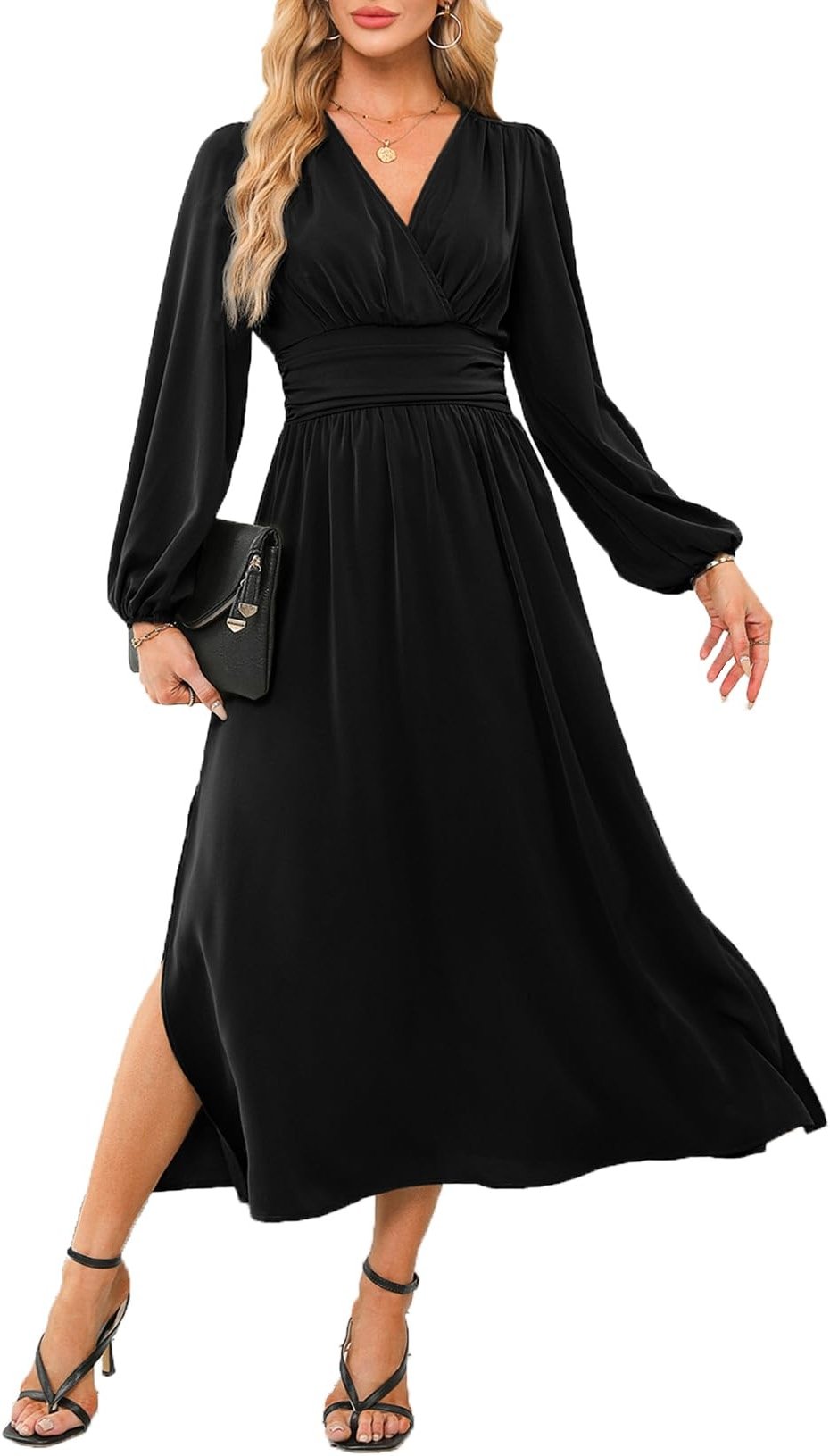 Dokotoo Womens Wrap V-Neck Empire Waist Dress Lantern Sleeve Ruched Side Slit Elegant Maxi Dress - Product Image