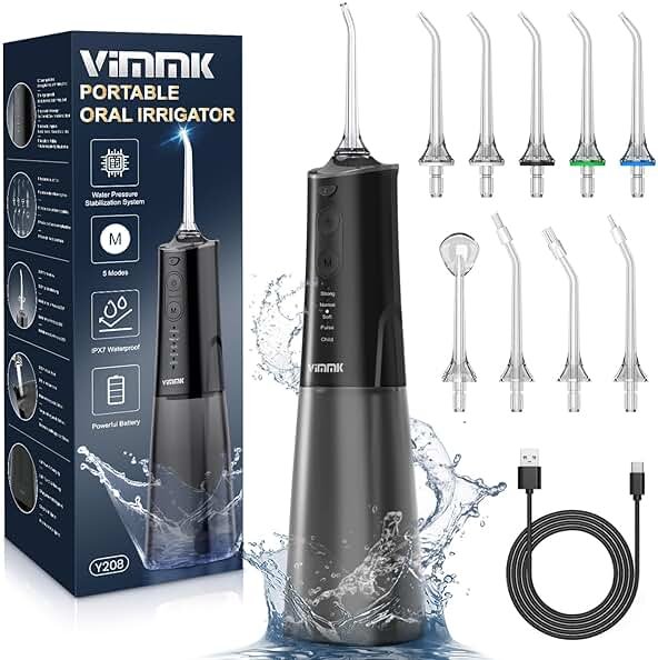 VIMMK Water Flosser, Cordless Water Dental Flosser, 9 Jet Tips 5 Modes 300ML IPX7 Waterproof, Portable Rechargeable Oral Irrigator for Home Travel - Gums, Orthodontic, Braces Care (Black) - Product Image