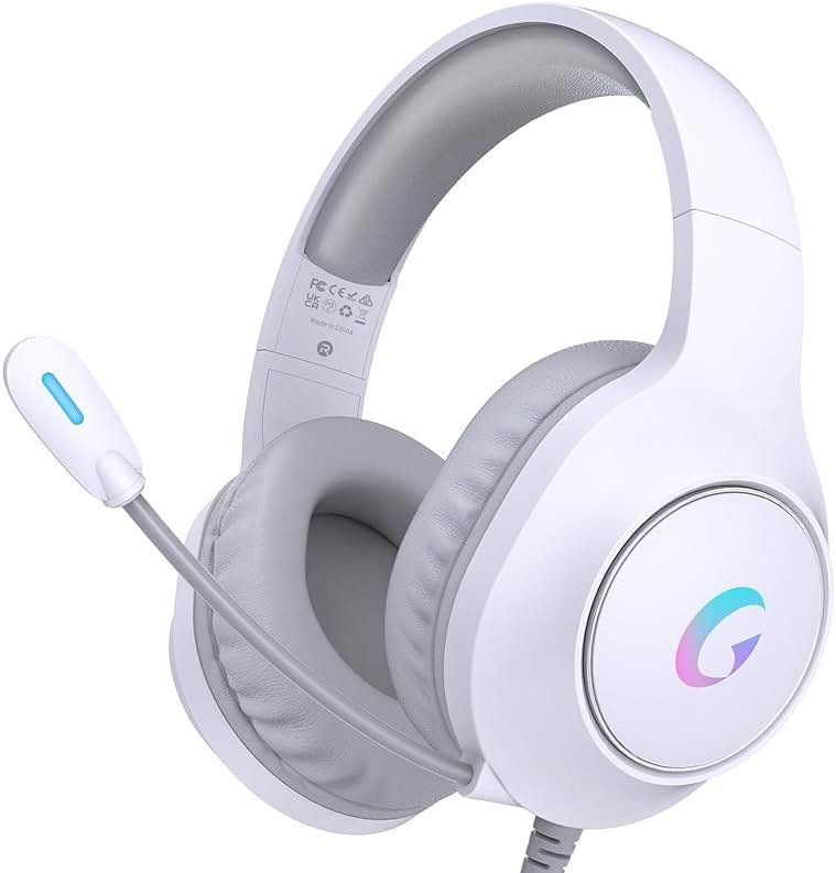 syndesmos CM7002 Gaming Headset for PC, PS5, Xbox Series X|S, Switch, Over-Ear Headphones with 7.1 Surround Sound, 50MM Drivers & Noise Canceling Mic, RGB Comfort Headset for Gaming, Light White - Product Image