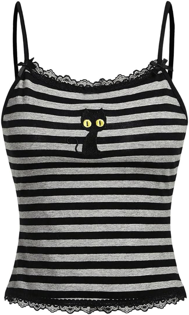SOLY HUX Women's Y2k Lace Striped Cami Crop Tops Spaghetti Strap Cat Embroidery Camisole - Product Image