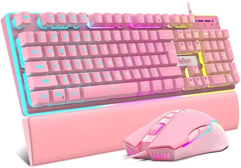 RedThunder K10 Wired Gaming Keyboard and Mouse and Wrist Rest Combo, RGB Backlit, Mechanical Feel Anti-ghosting Keyboard + 7D 7200 DPI Mice+Soft Leather Wrist Rest 3 in 1 PC Gamer Accessories(Pink) - Product Image