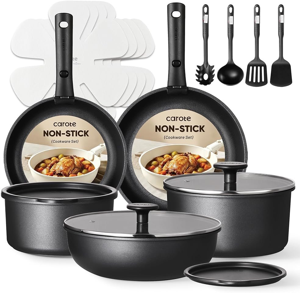 CAROTE 19Pcs Pots and Pans Set Non Stick, Cookware Set Detachable Handle, Nonstick Induction Kitchen Sets Non Stick with Removable Handle, RV Cook Ware, Oven Safe, Black - Product Image