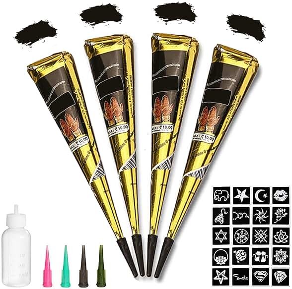 Black Tattoo Cones, Yomagine 4Pcs Black Temporary Tattoo Kit, 100% Natural Ready to Use Tattoo Paste, India Body DIY Art Painting for Women Men Teen with 20 Adhesive Stencils, 1 Bottle, 4Nozzles - Product Image