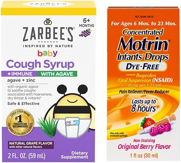 Motrin and Zarbee’s Essentials for Infants Infants' Concentrated Liquid Medicine Drops with Ibuprofen and Zarbee's Baby Coughⱡ Syrup + Immune with Organic Agave + Zinc - Product Image