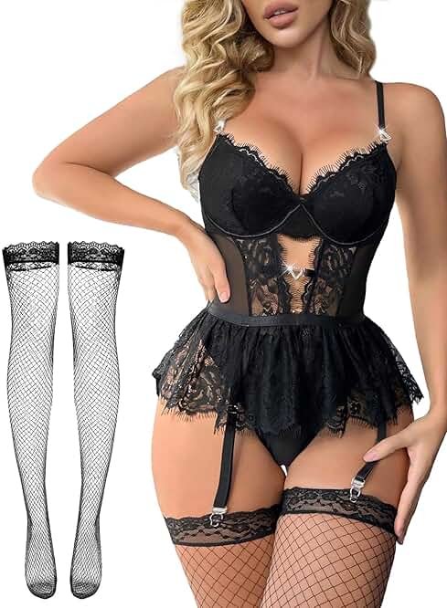 Alrovetoney Women Lingerie Set Naughty Lace Bodysuit High Waisted Underwire Lingerie Babydoll With Garter Belt and Stockings - Product Image