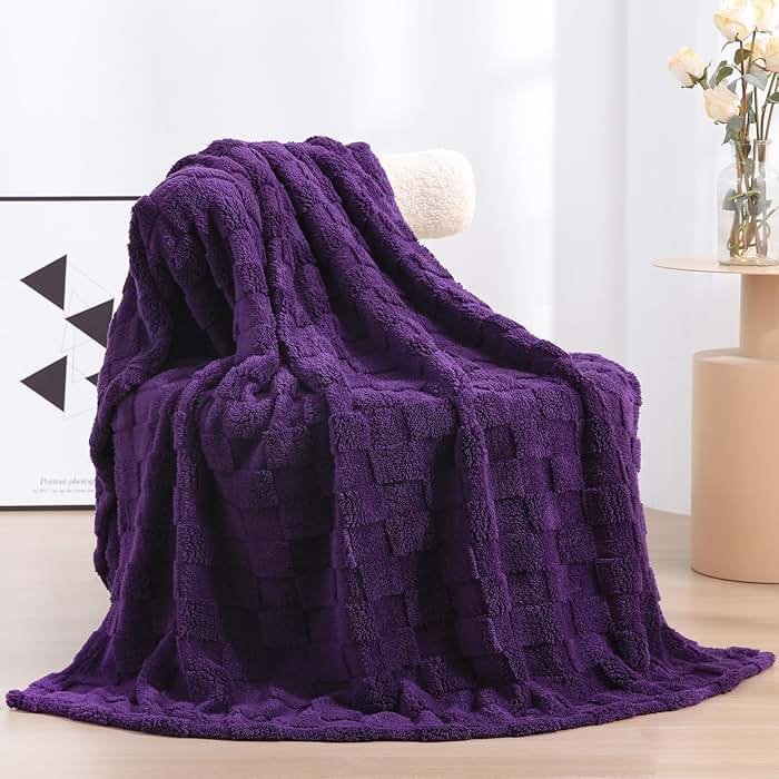 Linecooo Deep Purple Fleece Throw Blanket 50”×60” for Couch Sofa Bed,Super Soft Cozy Plush Microfiber Flannel Blanket with 3D Checkered Design Lightweight for Adults,Woman,Girls - Product Image