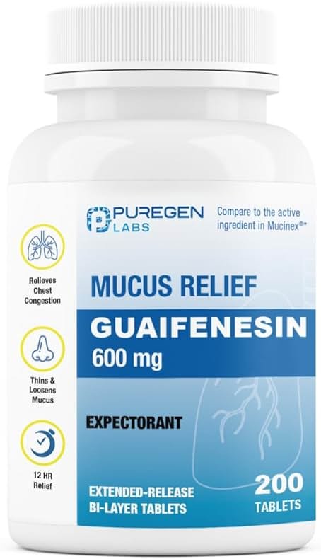 Puregen Labs Mucus Relief 12 Hour Extended Release Guaifenesin 600mg High Potency | Value Size 200 Count | Chest Congestion Expectorant 600 mg Tablets - Product Image